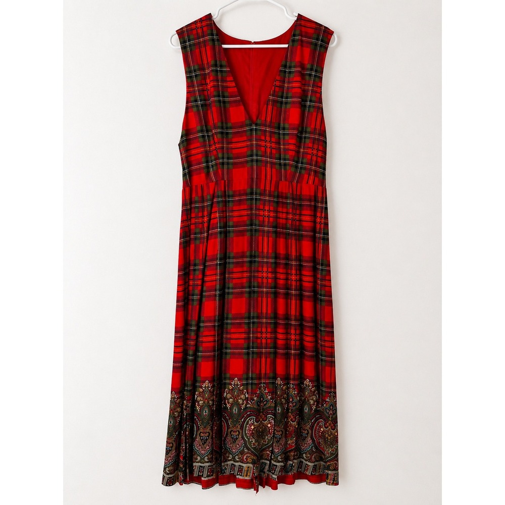 Dennis Goldsmith Petites Red Plaid Paisley Border Midi Dress Sleeveless 12 82007